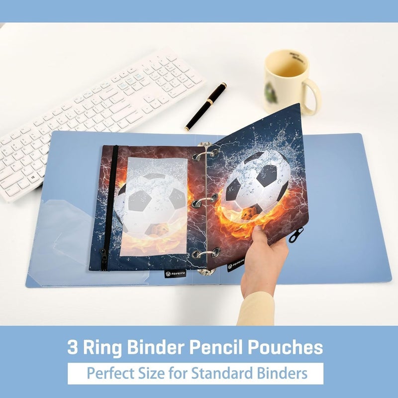 BOENLE Soccer Ball Football Fire Water Pencil Pouch for 3 Ring Binder, 2 Pack Waterproof Pencil Bags Clear Window Pencil Case Zipper School Office Supplies - Image 4